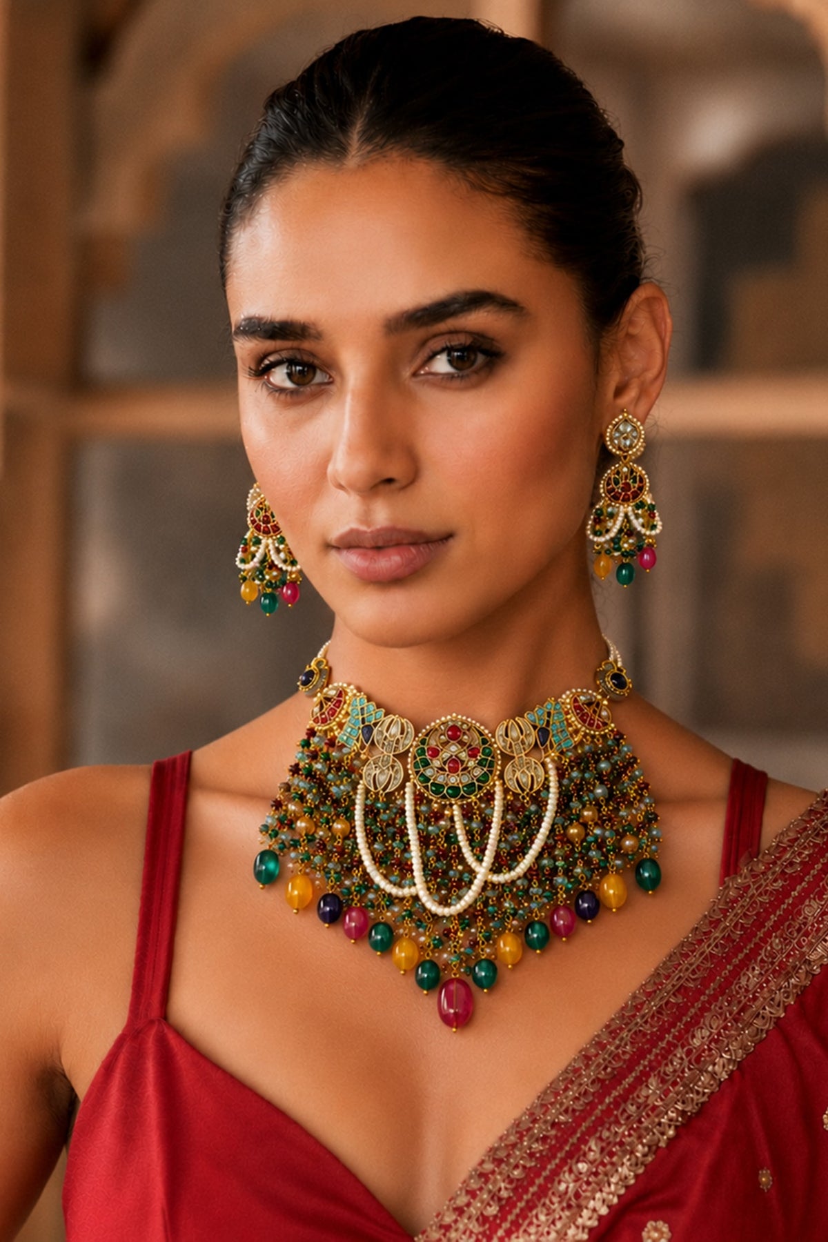 Gold Finish Imitation Polki & Multi-Colored Semi-Precious Stone Necklace Set