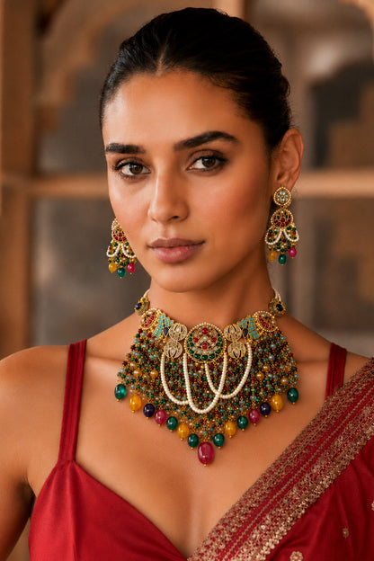 Gold Finish Imitation Polki & Multi-Colored Semi-Precious Stone Necklace Set