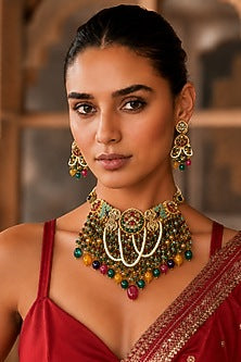 Gold Finish Imitation Polki & Multi-Colored Semi-Precious Stone Necklace Set