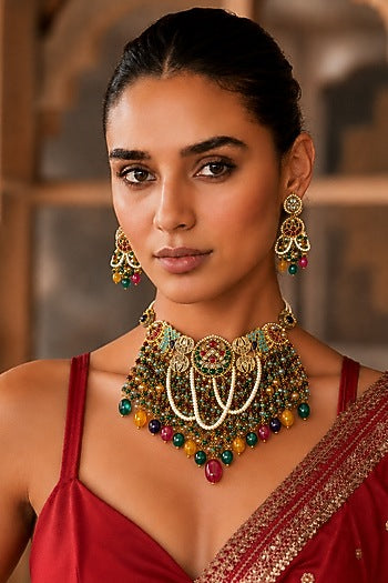 Gold Finish Imitation Polki & Multi-Colored Semi-Precious Stone Necklace Set