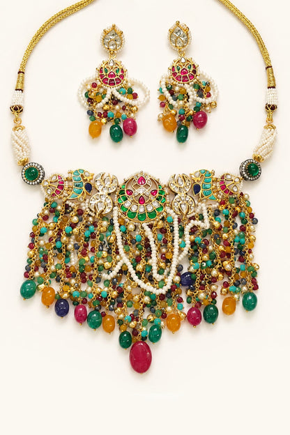 Gold Finish Imitation Polki & Multi-Colored Semi-Precious Stone Necklace Set