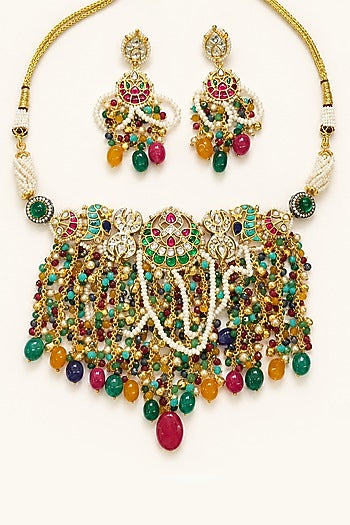 Gold Finish Imitation Polki & Multi-Colored Semi-Precious Stone Necklace Set