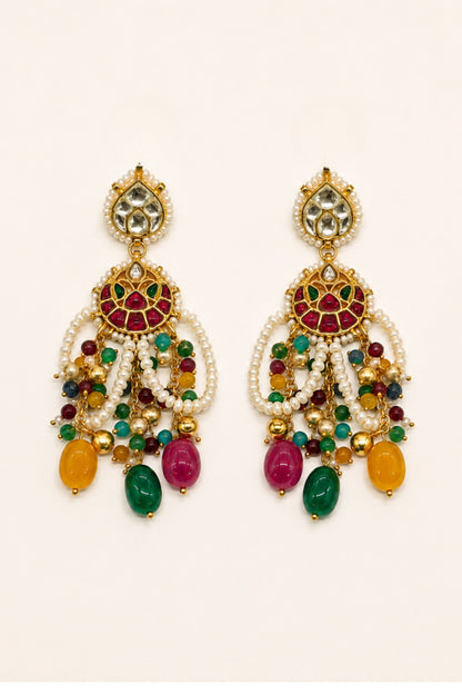 Gold Finish Imitation Polki & Multi-Colored Semi-Precious Stone Necklace Set