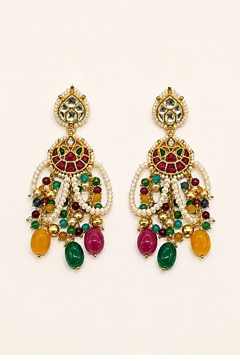 Gold Finish Imitation Polki & Multi-Colored Semi-Precious Stone Necklace Set