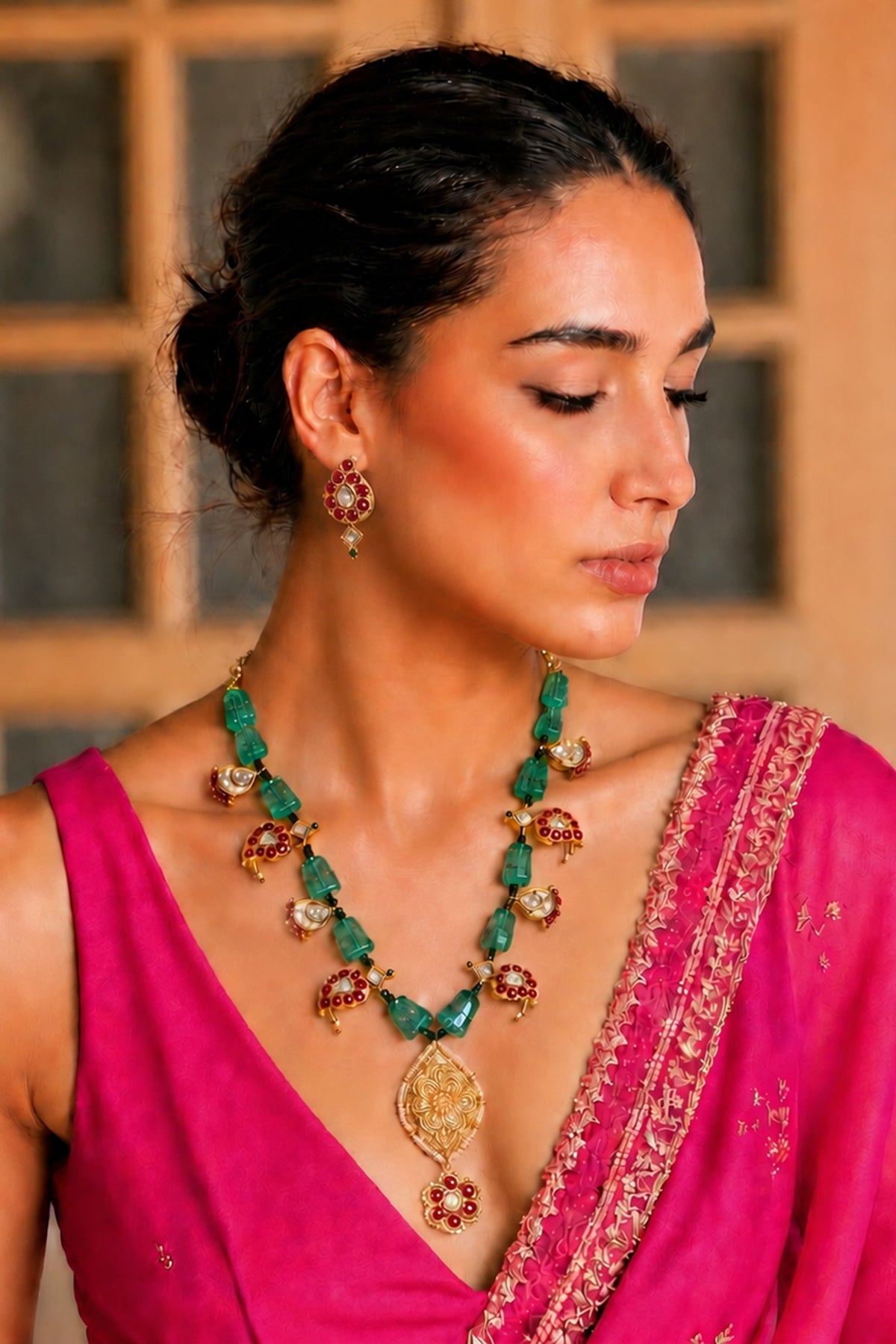 Gold Finish Imitation Polki & Ruby Ston Necklace Set