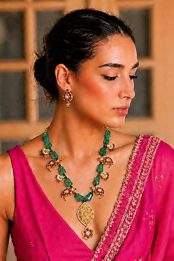 Gold Finish Imitation Polki & Ruby Ston Necklace Set
