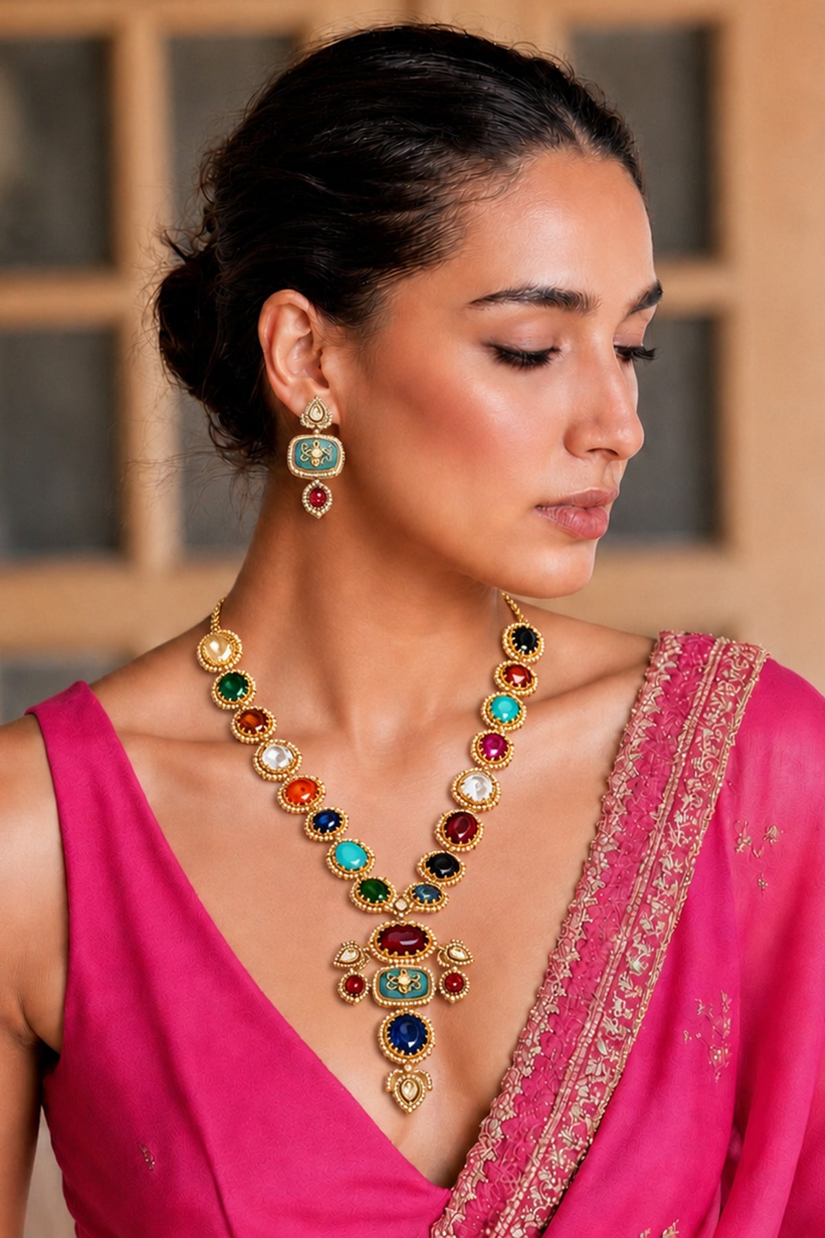 Gold Finish Imitation Polki & Multi-Colored Semi-precious Stone Necklace Set
