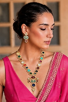 Gold Finish Imitation Polki & Multi-Colored Semi-precious Stone Necklace Set