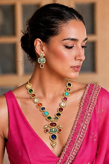 Gold Finish Imitation Polki & Multi-Colored Semi-precious Stone Necklace Set