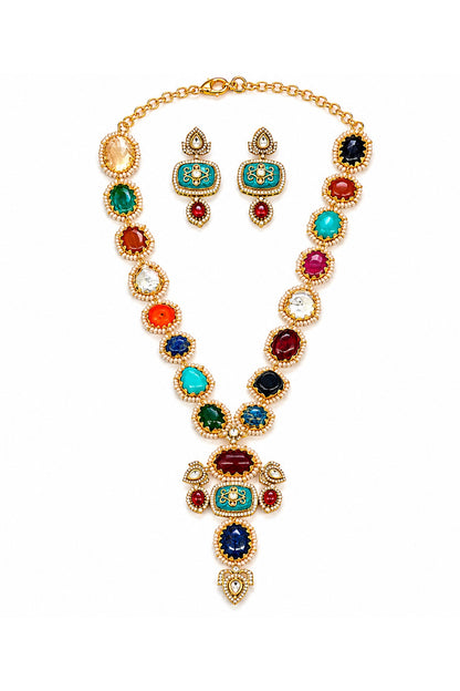 Gold Finish Imitation Polki & Multi-Colored Semi-precious Stone Necklace Set