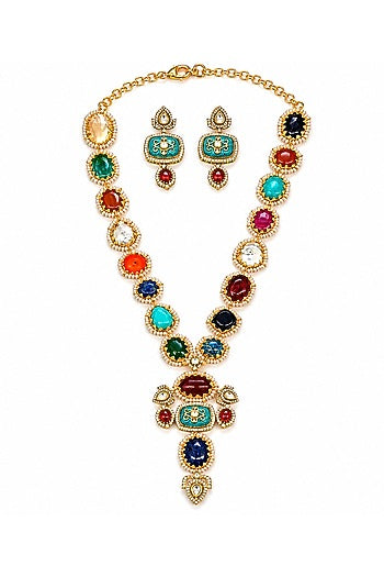 Gold Finish Imitation Polki & Multi-Colored Semi-precious Stone Necklace Set
