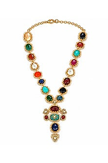 Gold Finish Imitation Polki & Multi-Colored Semi-precious Stone Necklace Set