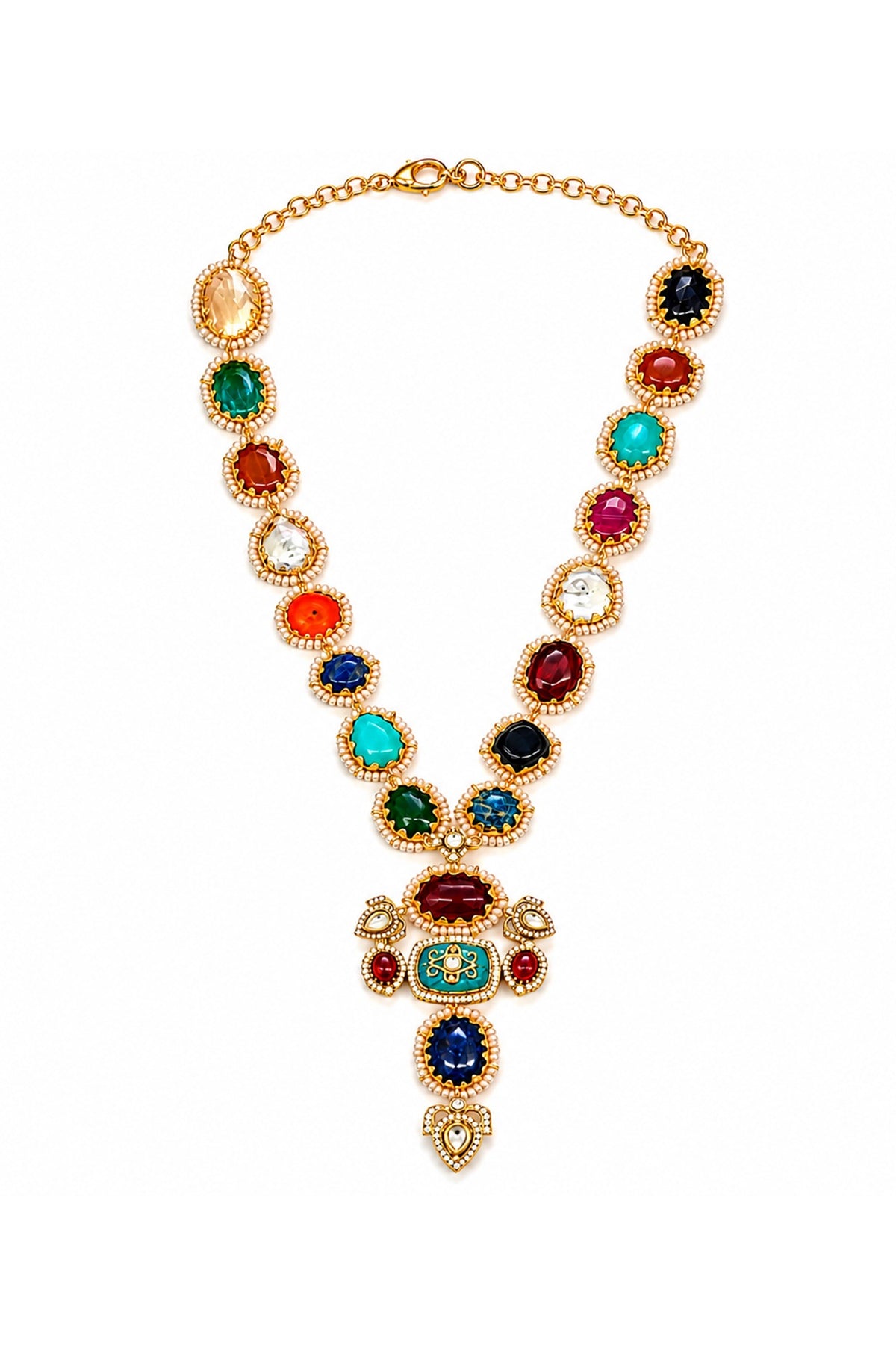 Gold Finish Imitation Polki & Multi-Colored Semi-precious Stone Necklace Set