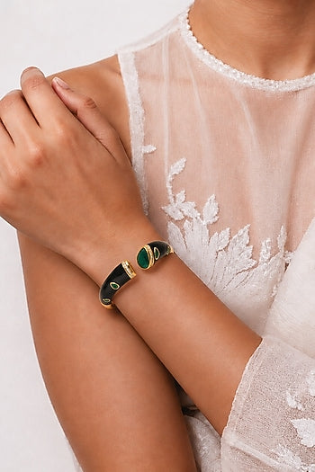 Gold Finish Green Stone Enameled Bangle