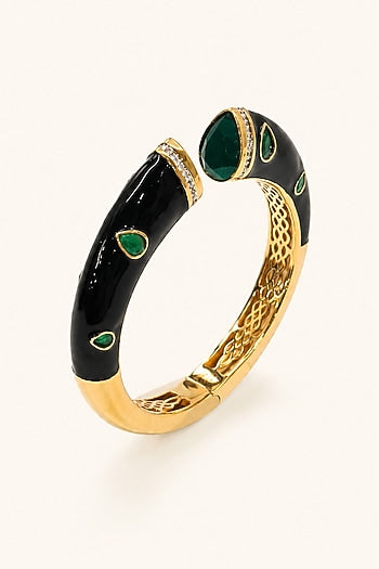 Gold Finish Green Stone Enameled Bangle