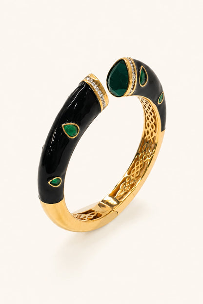 Gold Finish Green Stone Enameled Bangle