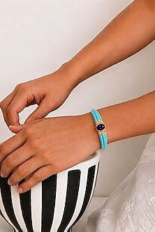 Gold Finish Blue Carved Stone Enameled Bangle