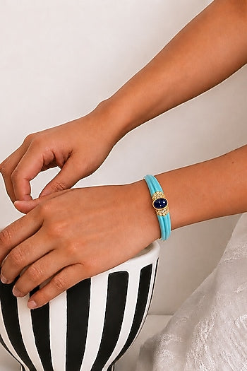 Gold Finish Blue Carved Stone Enameled Bangle