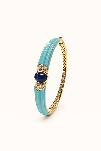 Gold Finish Blue Carved Stone Enameled Bangle
