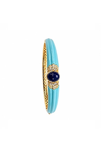 Gold Finish Blue Carved Stone Enameled Bangle
