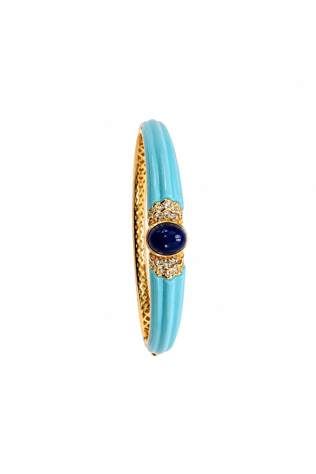 Gold Finish Blue Carved Stone Enameled Bangle