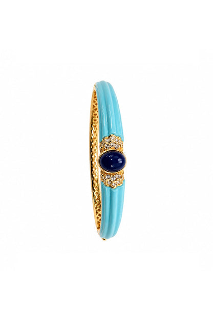 Gold Finish Blue Carved Stone Enameled Bangle