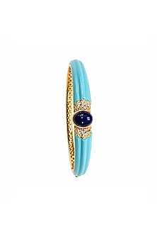 Gold Finish Blue Carved Stone Enameled Bangle