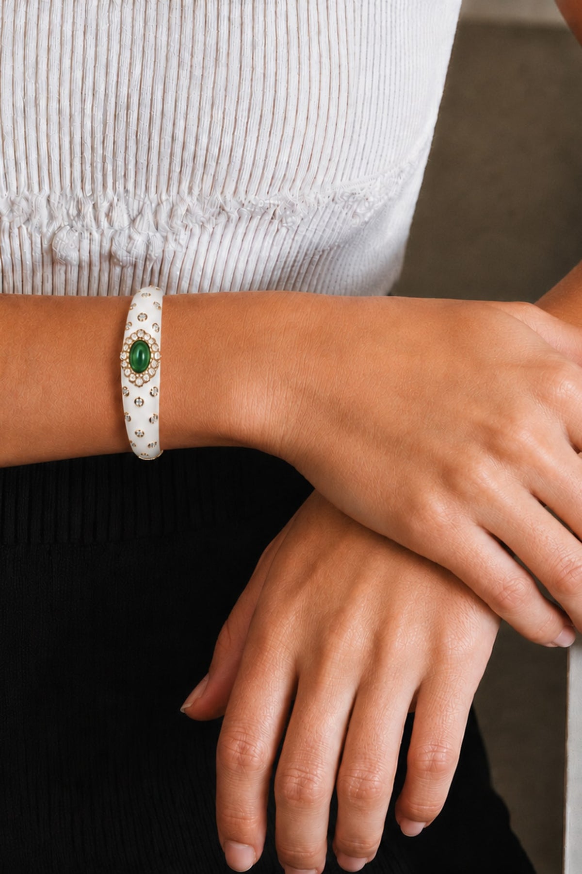 Gold Finish Green Semi-Precious Stone Enameled Bangle