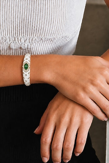 Gold Finish Green Semi-Precious Stone Enameled Bangle