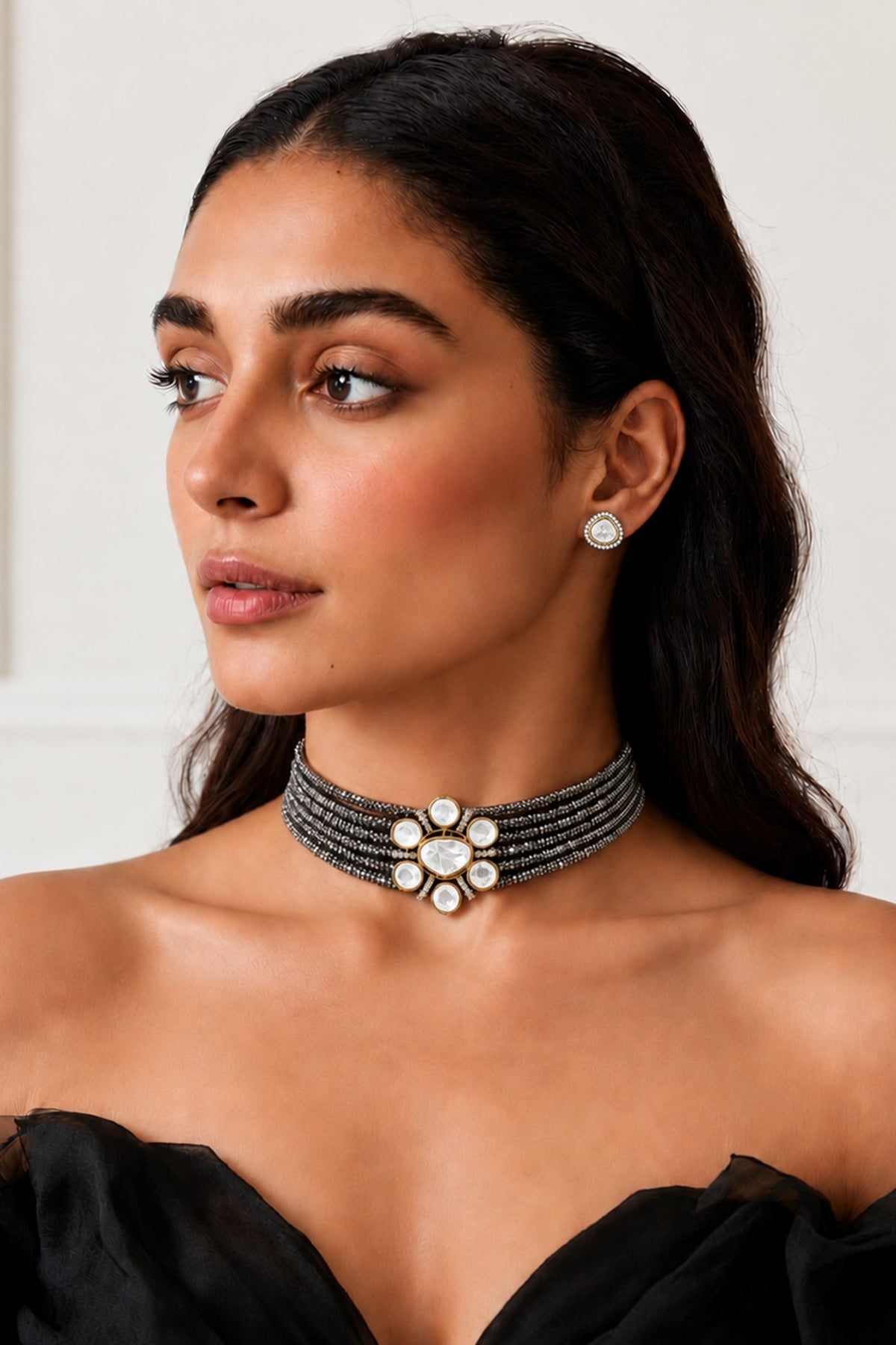 Two-Tone Finish Kundan Polki & Crystal Choker Necklace Set