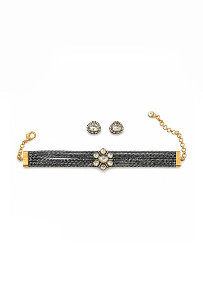 Two-Tone Finish Kundan Polki & Crystal Choker Necklace Set