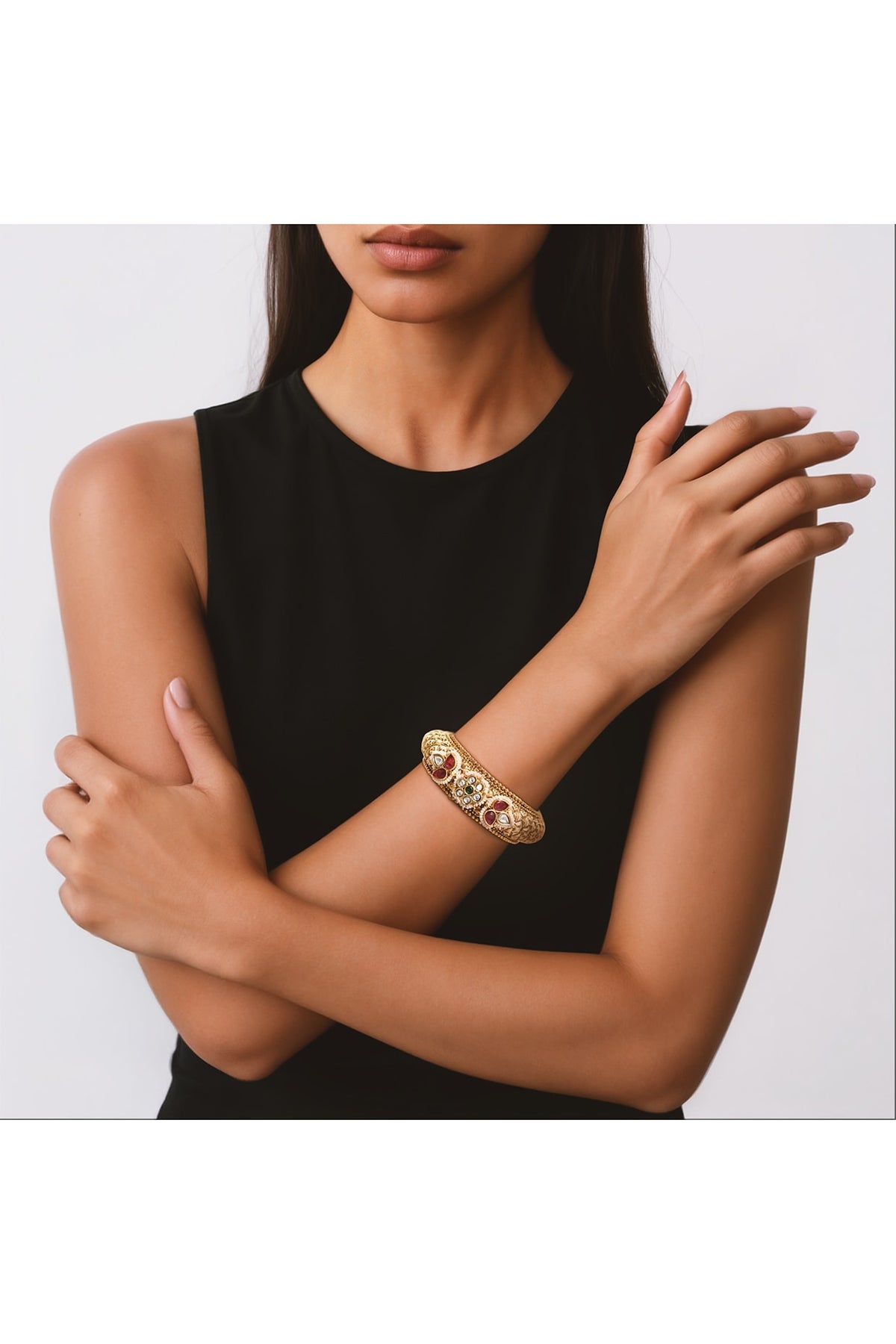 Gold Finish Kundan Polki & Ruby Temple Bangle