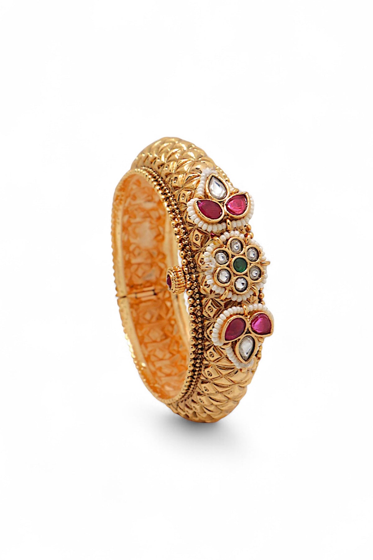Gold Finish Kundan Polki & Ruby Temple Bangle