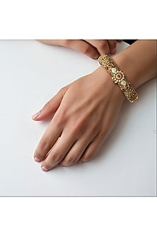 Gold Finish Kundan Polki & Ruby Temple Bangle