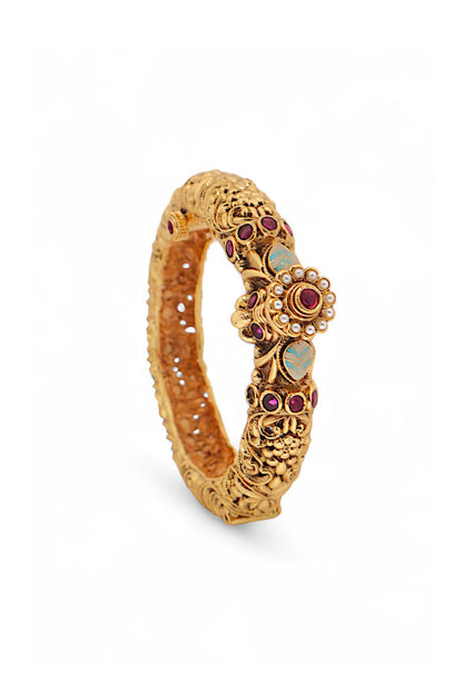 Gold Finish Kundan Polki & Ruby Temple Bangle