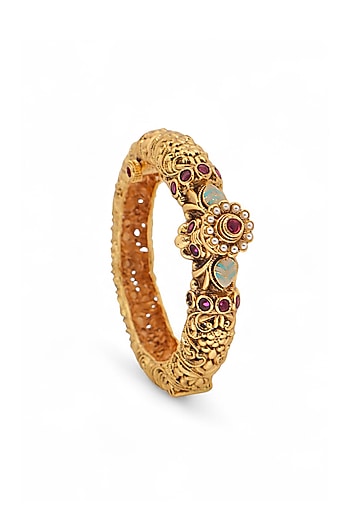 Gold Finish Kundan Polki & Ruby Temple Bangle