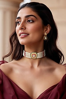 Gold Finish Red Kundan Polki & Semi-Precious Stone Choker Necklace Set