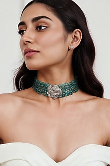 White Finish CZ Stone & Semi-Precious Stone Choker Necklace
