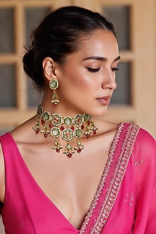 Gold Finish Multi-Colored Kundan Polki & Semi-Precious Stone Necklace Set