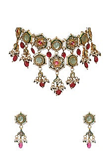Gold Finish Multi-Colored Kundan Polki & Semi-Precious Stone Necklace Set