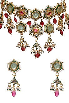 Gold Finish Multi-Colored Kundan Polki & Semi-Precious Stone Necklace Set