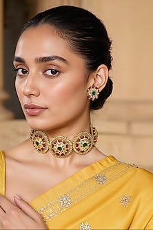 Gold Finish Green Kundan Polki & Semi-Precious Stone Choker Necklace Set