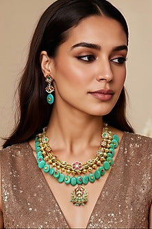 Gold Finish Turquoise Kundan Polki & Semi-Precious Stone Necklace Set