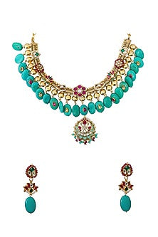 Gold Finish Turquoise Kundan Polki & Semi-Precious Stone Necklace Set