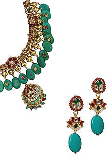 Gold Finish Turquoise Kundan Polki & Semi-Precious Stone Necklace Set