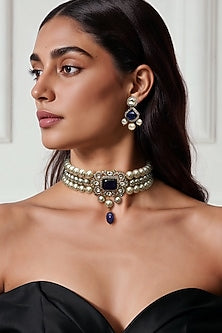 Gold Finish Amethyst Kundan Polki & Semi-Precious Stone Choker Necklace Set