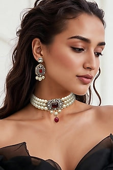 Gold Finish Red Kundan Polki & Semi-Precious Stone Choker Necklace Set