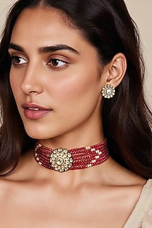 Gold Finish Red Kundan Polki & Semi-Precious Stone Choker Necklace Set
