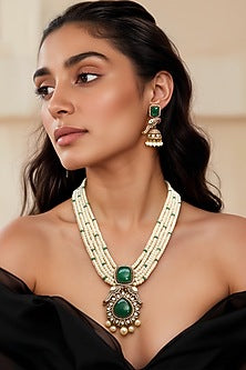 Gold Finish Green Kundan Polki & Semi-Precious Stone Necklace Set