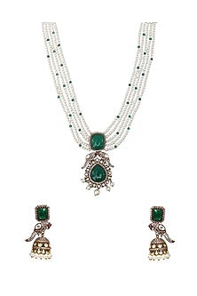 Gold Finish Green Kundan Polki & Semi-Precious Stone Necklace Set